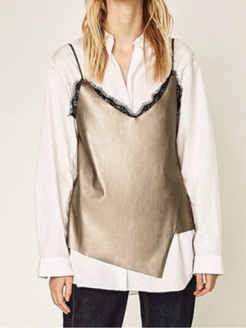 Zara Gold Metallic Lace-Trim Slip Tank Top, Size M